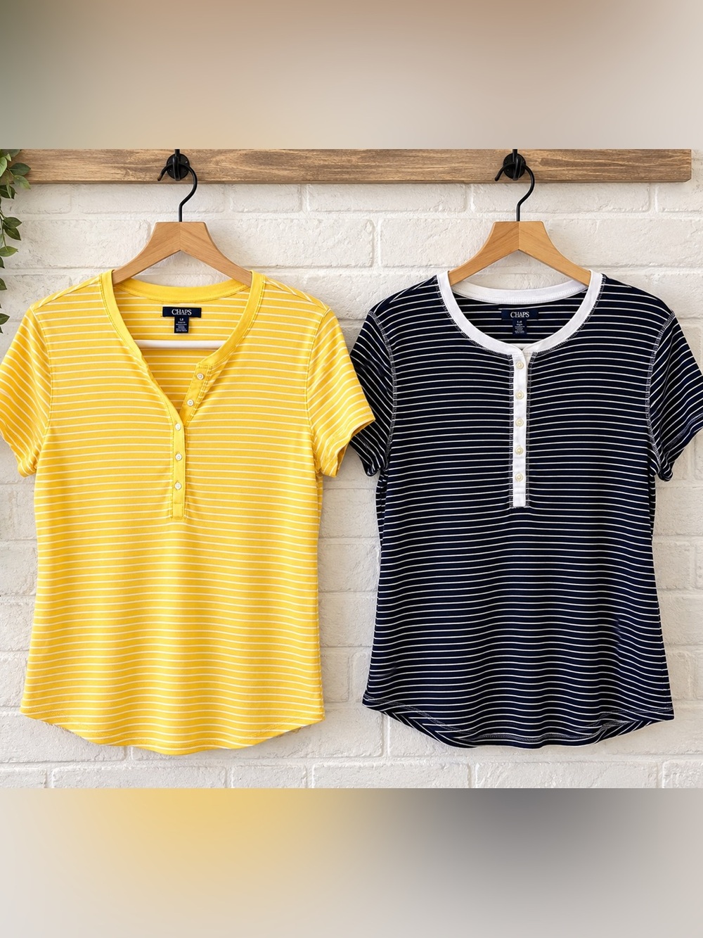 CHAPS Women’s Striped Henley Tops 2pc bundle Yellow and Navy Short Sleeve Large